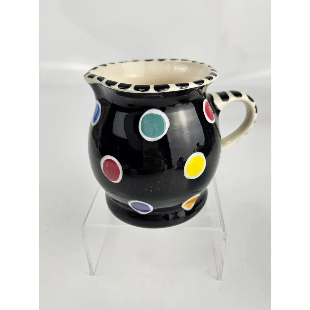 Lynn Morris Signed 3 Piece‎ Ceramic Creamer Sugar Set Polka Dot Black